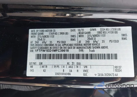 2021 Ford F-150 King Ranch из США, поврежденный, VIN 1FTFW1ED1MFC39618